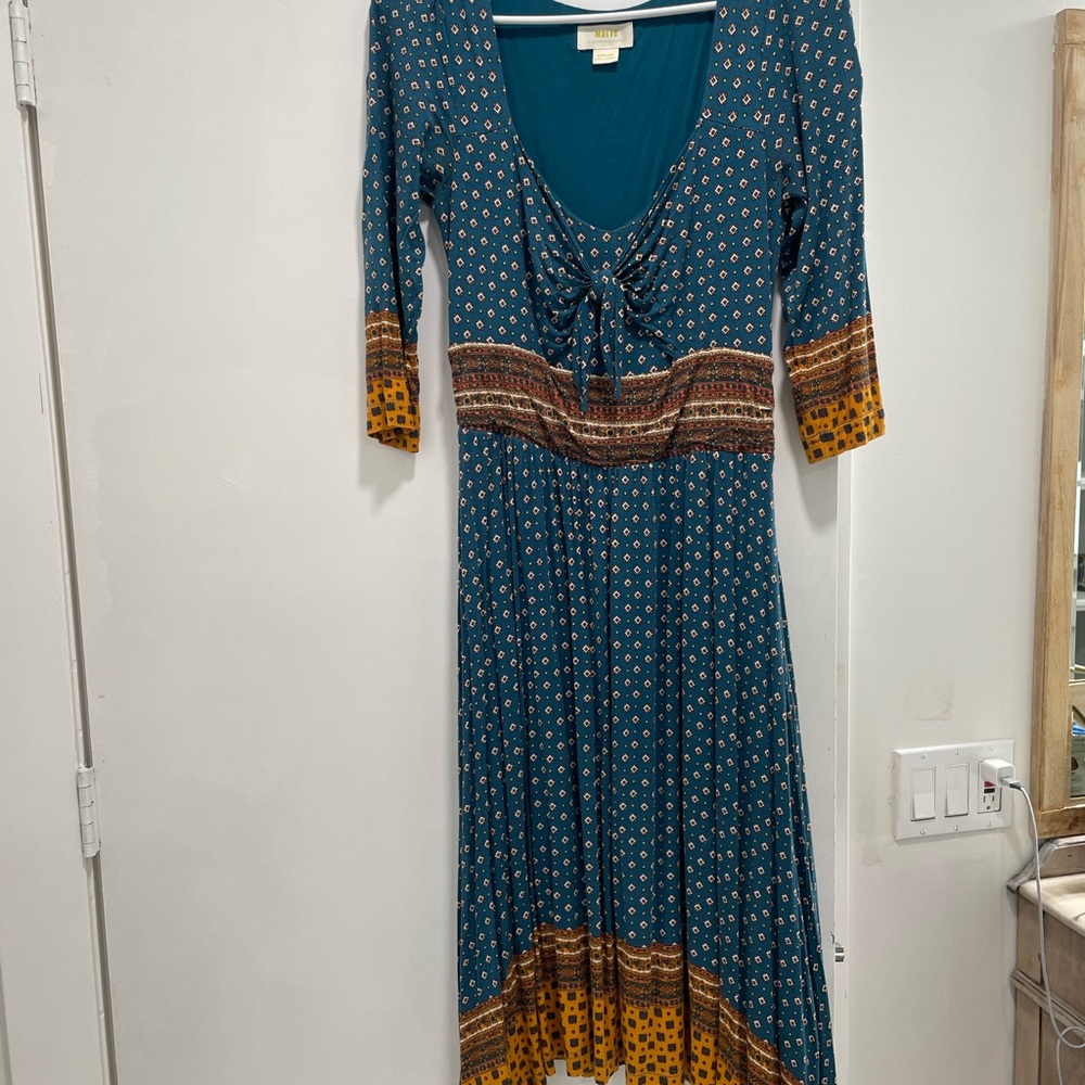 Anthropologie Teal and Brown Long Sleeve Dress